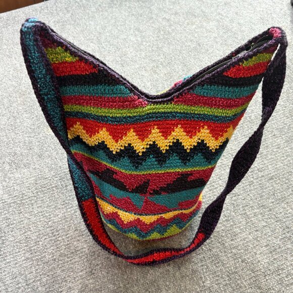 Crochet Shoulder Bag Zigzag Fish Patterned Colorful Long Strap Boho Hippie - Picture 10 of 16